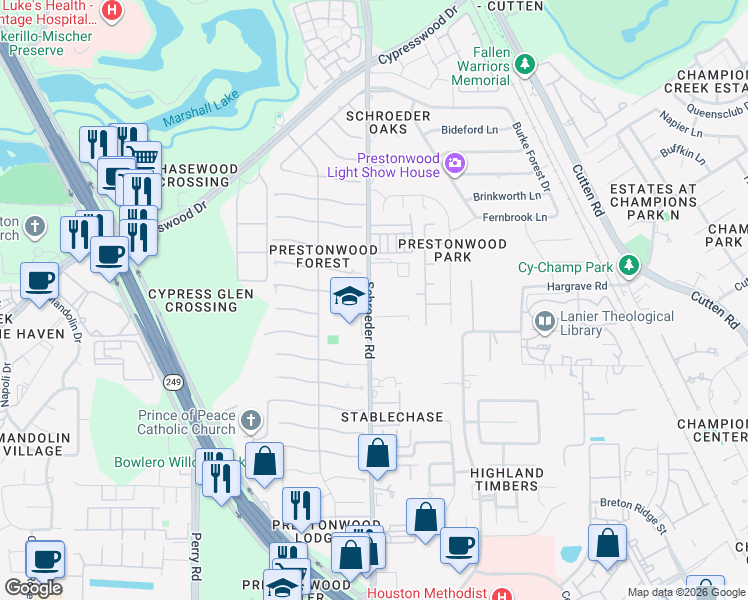map of restaurants, bars, coffee shops, grocery stores, and more near 13822 Schroeder Road in Houston