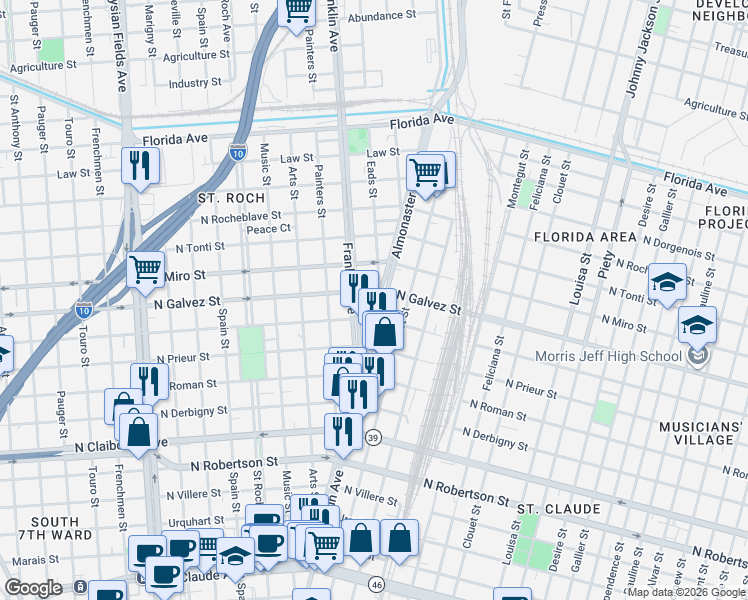 map of restaurants, bars, coffee shops, grocery stores, and more near 2031 Franklin Avenue in New Orleans