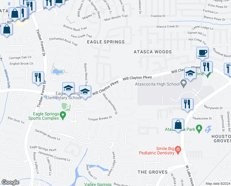 map of restaurants, bars, coffee shops, grocery stores, and more near 12723 Whistling Springs Drive in Humble