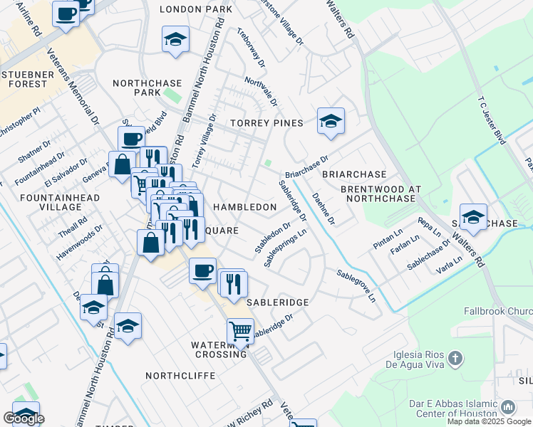 map of restaurants, bars, coffee shops, grocery stores, and more near 4154 Surreydon Drive in Houston