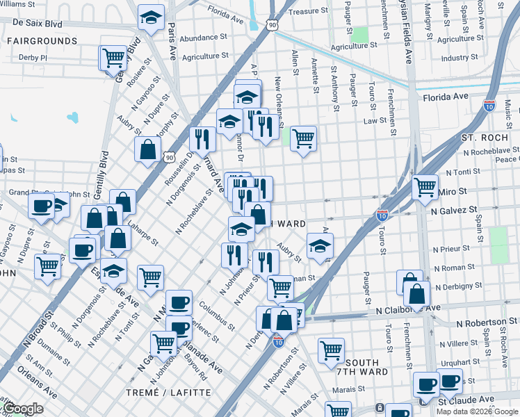 map of restaurants, bars, coffee shops, grocery stores, and more near 1772 North Miro Street in New Orleans