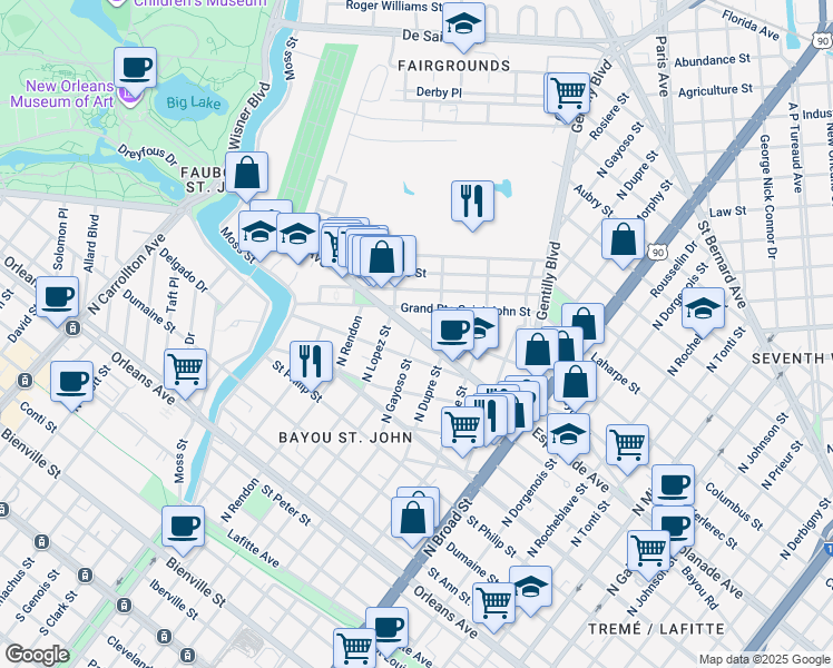 map of restaurants, bars, coffee shops, grocery stores, and more near Lepage Street in New Orleans
