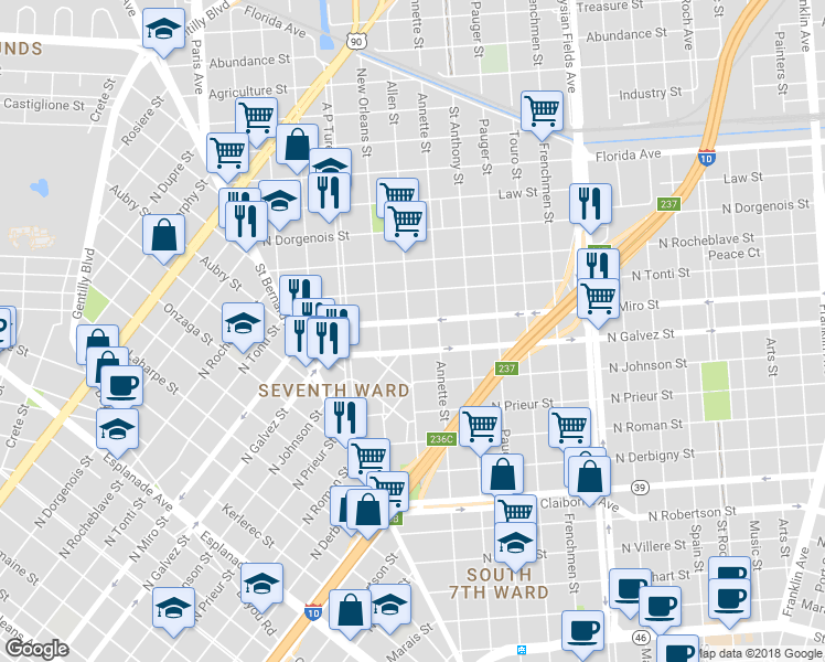 map of restaurants, bars, coffee shops, grocery stores, and more near 2129 Allen Street in New Orleans