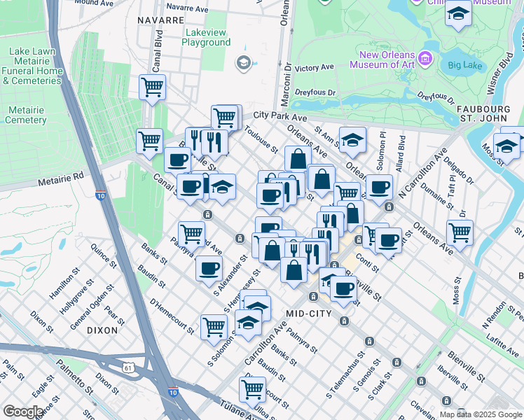 map of restaurants, bars, coffee shops, grocery stores, and more near 4438 Bienville Street in New Orleans