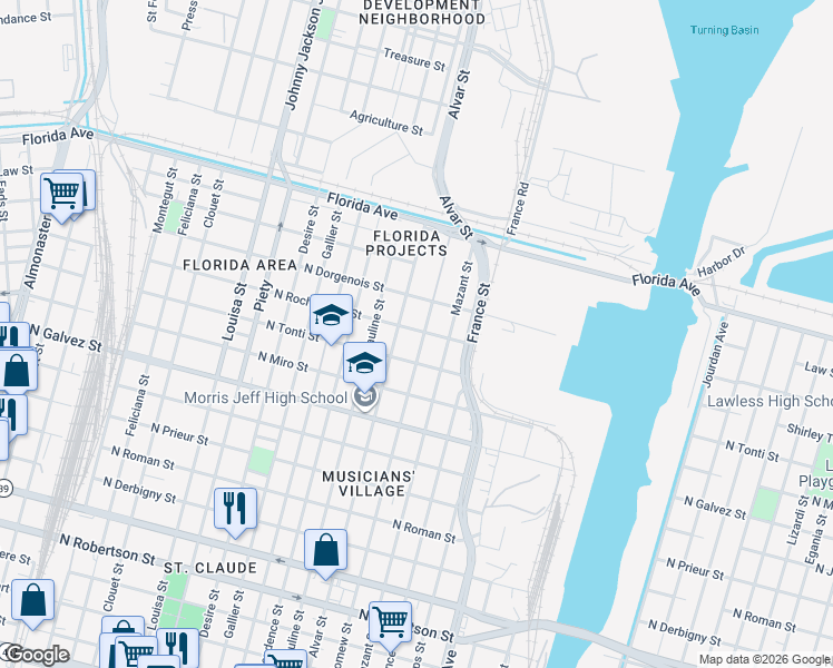map of restaurants, bars, coffee shops, grocery stores, and more near 2344 Bartholomew Street in New Orleans