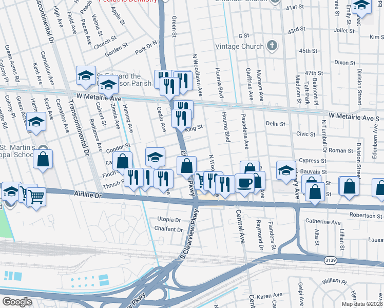 map of restaurants, bars, coffee shops, grocery stores, and more near 4440 Prairie Street in Metairie
