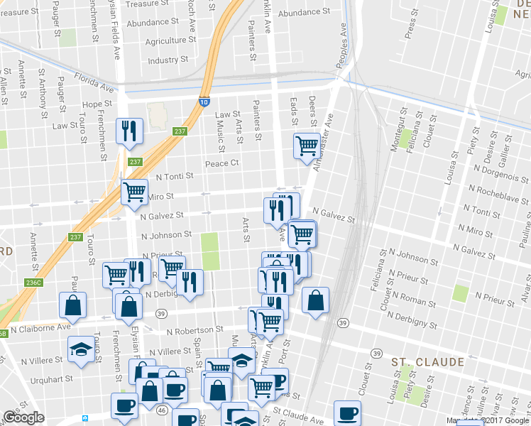 map of restaurants, bars, coffee shops, grocery stores, and more near 2544 North Galvez Street in New Orleans