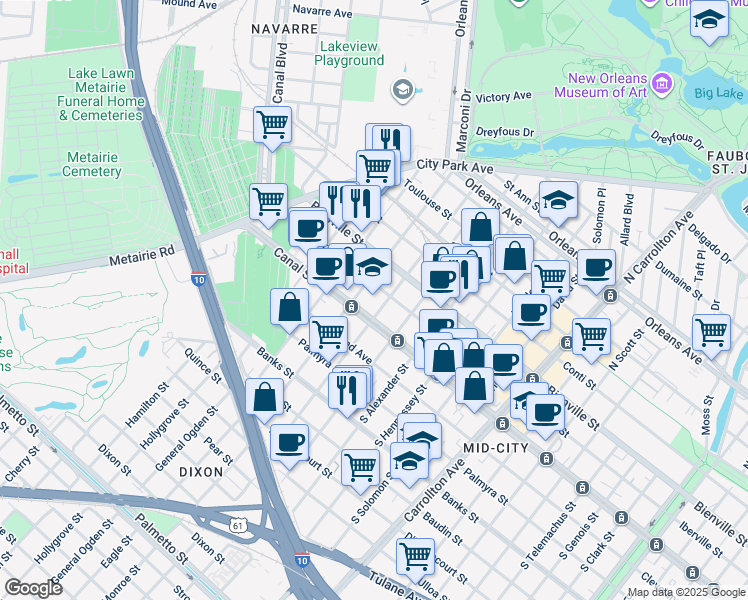 map of restaurants, bars, coffee shops, grocery stores, and more near 4621 Canal Street in New Orleans