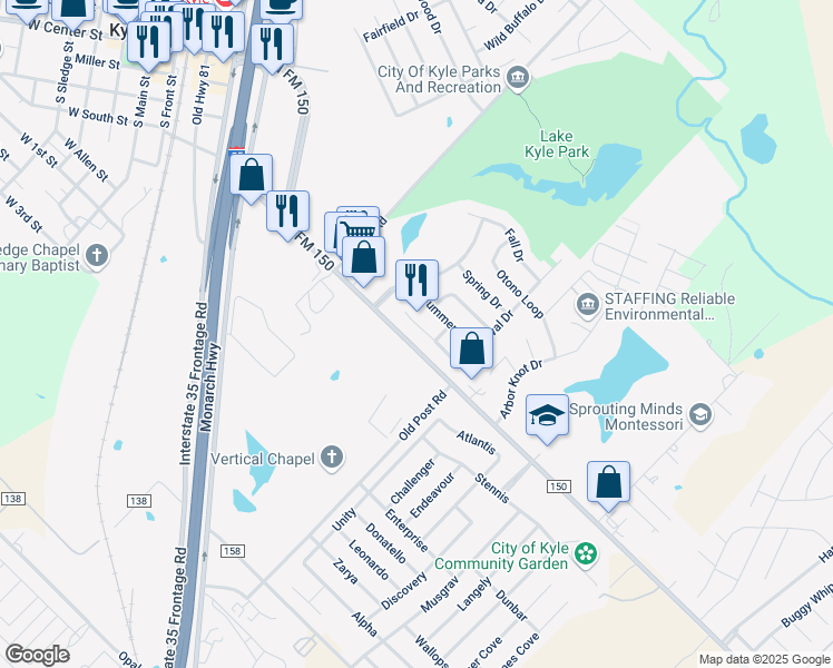 map of restaurants, bars, coffee shops, grocery stores, and more near 365 Verano Drive in Kyle
