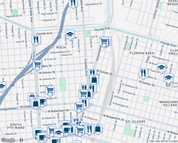 map of restaurants, bars, coffee shops, grocery stores, and more near 2031 Franklin Ave in New Orleans