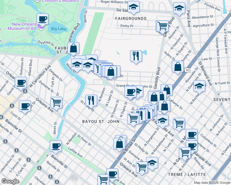 map of restaurants, bars, coffee shops, grocery stores, and more near Lepage Street in New Orleans
