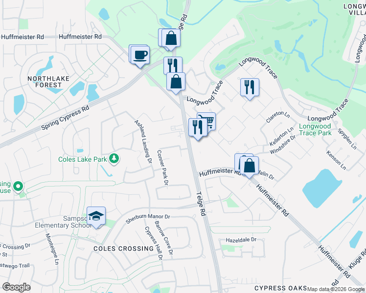 map of restaurants, bars, coffee shops, grocery stores, and more near 13926 Wessex Park Drive in Cypress