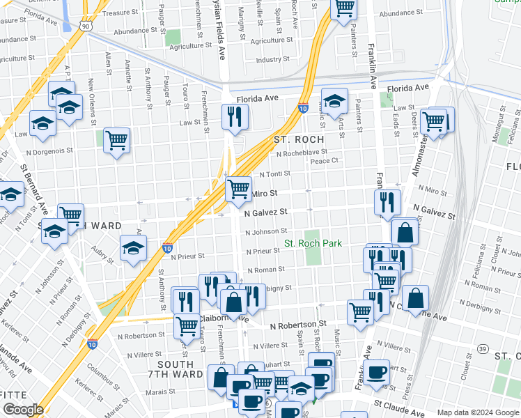 map of restaurants, bars, coffee shops, grocery stores, and more near 2245 North Galvez Street in New Orleans