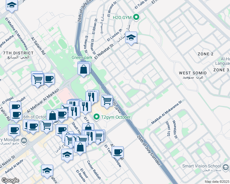 map of restaurants, bars, coffee shops, grocery stores, and more near El Wahat Rd in First 6th of October