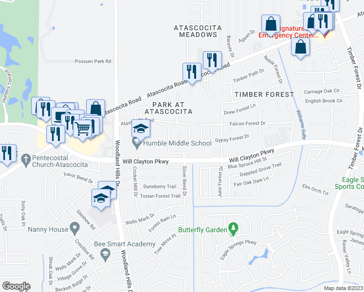map of restaurants, bars, coffee shops, grocery stores, and more near 18010 Still Springs Court in Humble