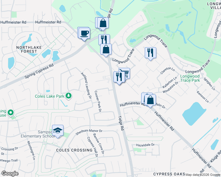 map of restaurants, bars, coffee shops, grocery stores, and more near 13926 Wessex Park Drive in Cypress