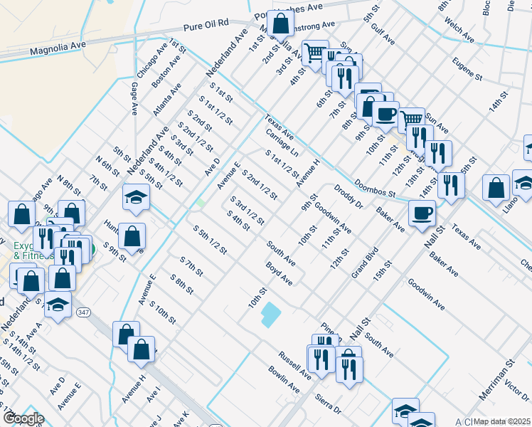 map of restaurants, bars, coffee shops, grocery stores, and more near 812 S 3rd St in Nederland