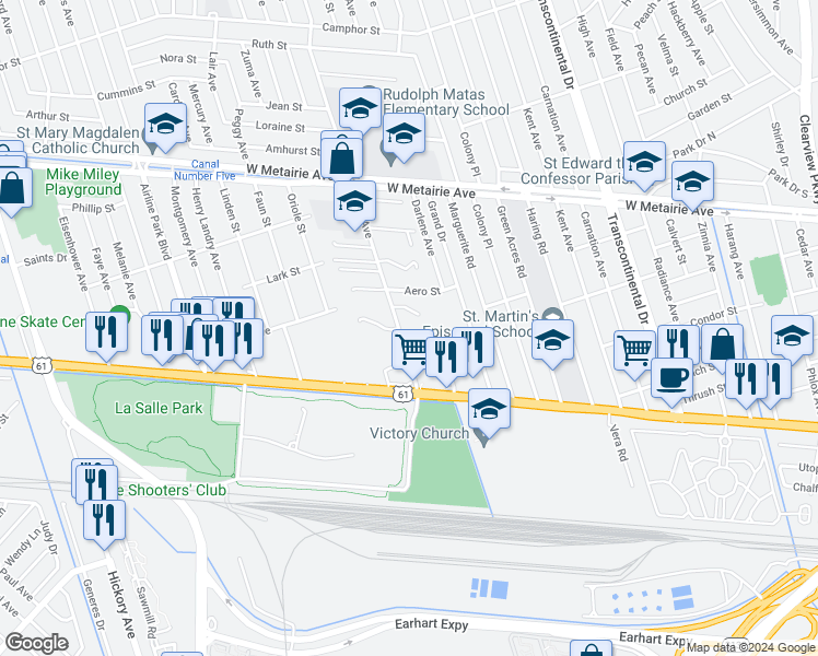 map of restaurants, bars, coffee shops, grocery stores, and more near 409 Elise Avenue in Metairie