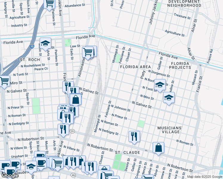map of restaurants, bars, coffee shops, grocery stores, and more near 2132 Feliciana Street in New Orleans