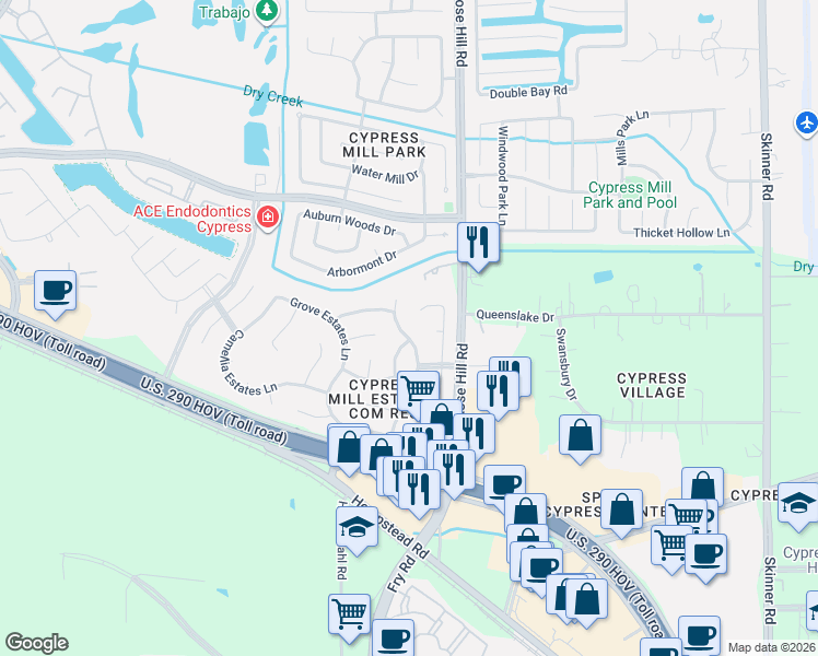 map of restaurants, bars, coffee shops, grocery stores, and more near 14426 Meadow Estates Lane in Cypress