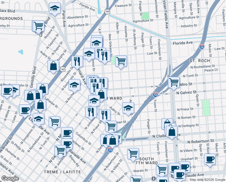 map of restaurants, bars, coffee shops, grocery stores, and more near 2138 New Orleans Street in New Orleans