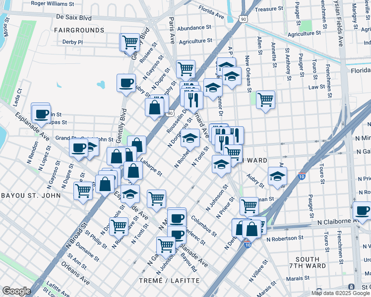 map of restaurants, bars, coffee shops, grocery stores, and more near 1661 North Rocheblave Street in New Orleans