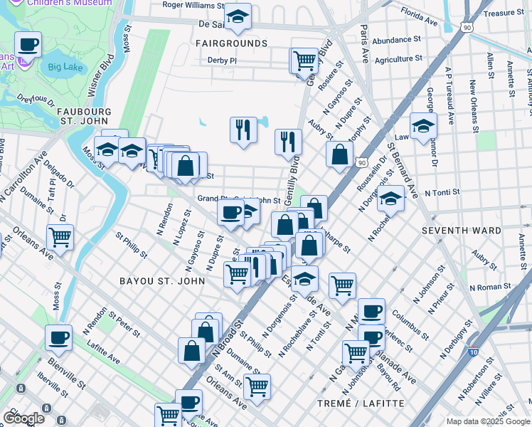 map of restaurants, bars, coffee shops, grocery stores, and more near 1464 North White Street in New Orleans