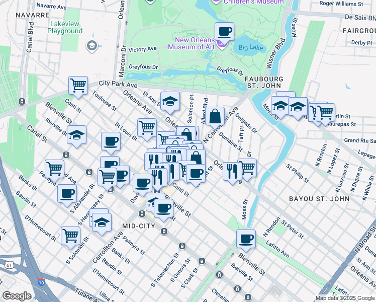 map of restaurants, bars, coffee shops, grocery stores, and more near 729 North Carrollton Avenue in New Orleans