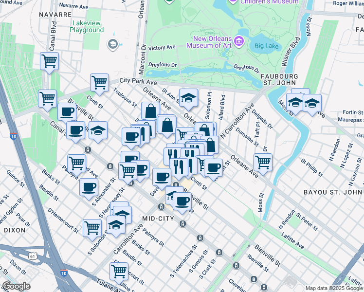 map of restaurants, bars, coffee shops, grocery stores, and more near 510 North Solomon Street in New Orleans