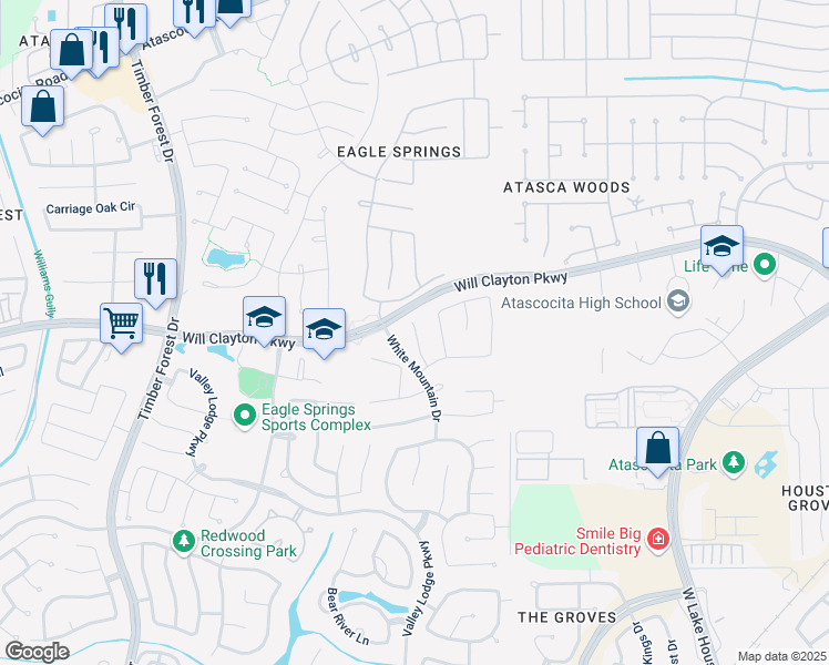 map of restaurants, bars, coffee shops, grocery stores, and more near 12727 Whistling Springs Drive in Humble