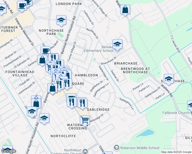 map of restaurants, bars, coffee shops, grocery stores, and more near 4119 Surreydon Drive in Houston