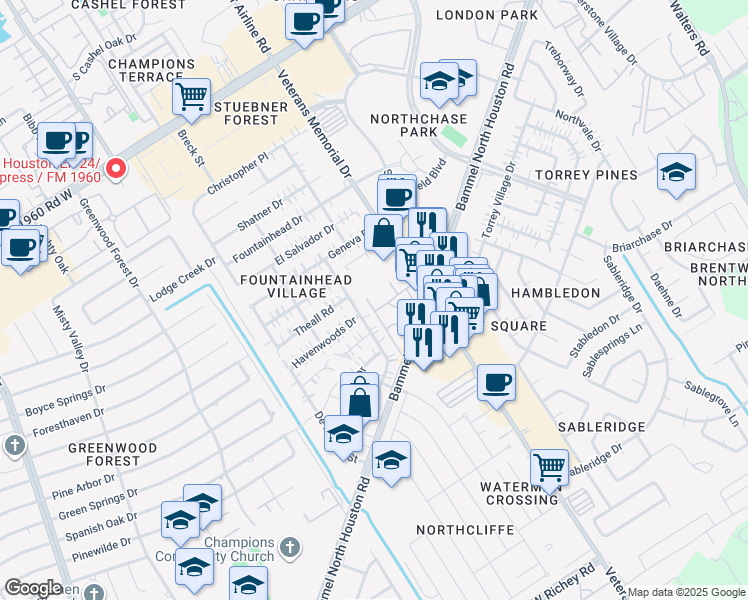 map of restaurants, bars, coffee shops, grocery stores, and more near 13315 Veterans Memorial Drive in Houston