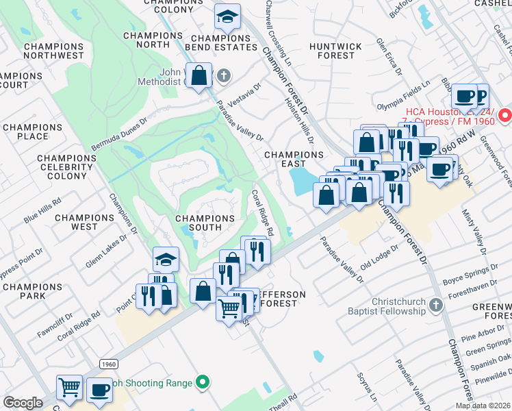 map of restaurants, bars, coffee shops, grocery stores, and more near 6106 Coral Gables Drive in Houston