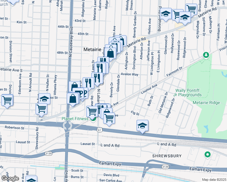 map of restaurants, bars, coffee shops, grocery stores, and more near 161 Beverly Drive in Metairie