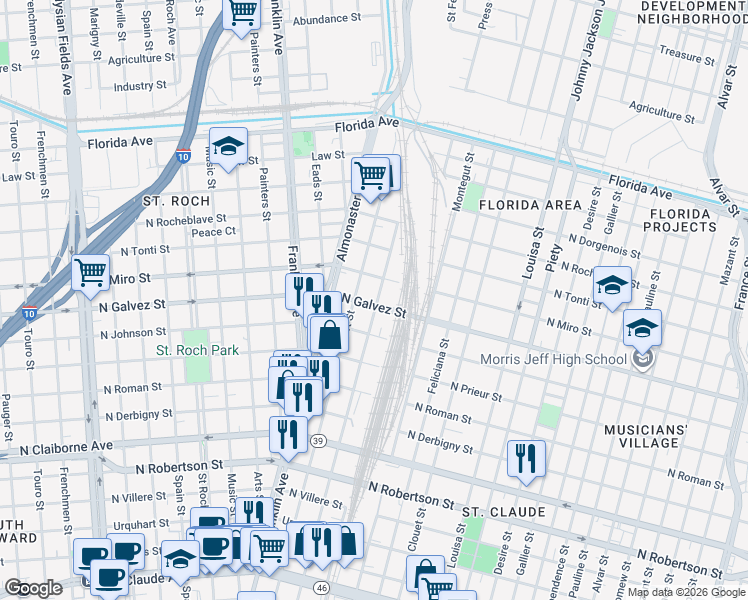 map of restaurants, bars, coffee shops, grocery stores, and more near 2104 Saint Ferdinand Street in New Orleans