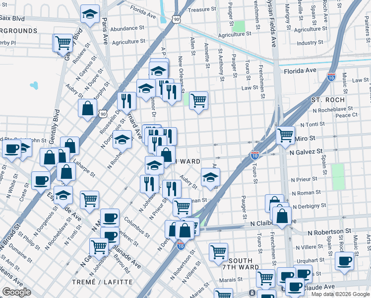map of restaurants, bars, coffee shops, grocery stores, and more near 2138 New Orleans Street in New Orleans