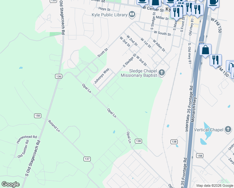 map of restaurants, bars, coffee shops, grocery stores, and more near 1001 South Sledge Street in Kyle