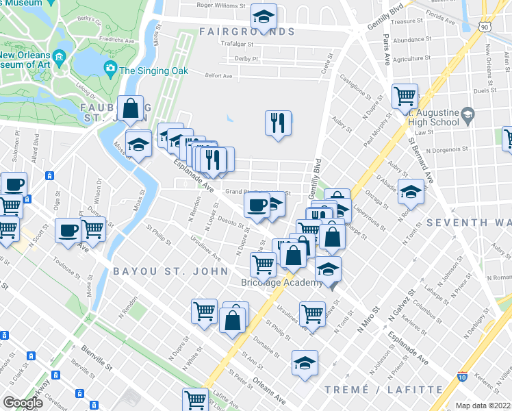 map of restaurants, bars, coffee shops, grocery stores, and more near 1512 N Dupre St in New Orleans