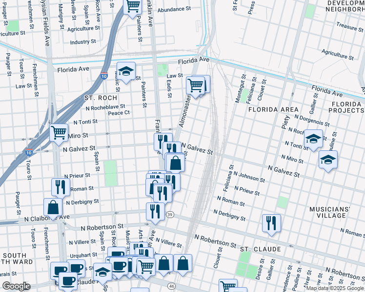 map of restaurants, bars, coffee shops, grocery stores, and more near 2654 North Galvez Street in New Orleans
