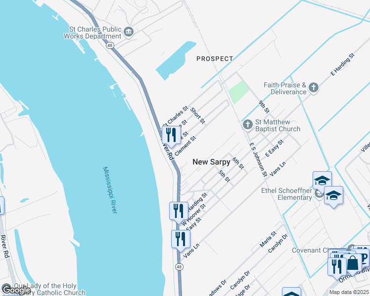 map of restaurants, bars, coffee shops, grocery stores, and more near 130 Clement Street in Destrehan