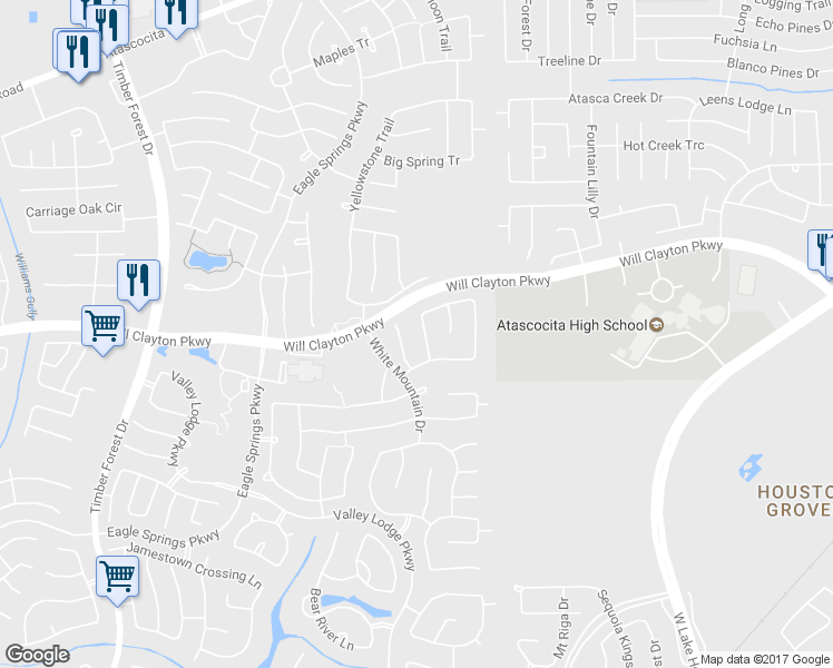 map of restaurants, bars, coffee shops, grocery stores, and more near 12727 Whistling Springs Drive in Humble