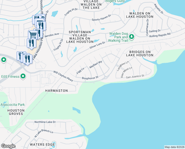 map of restaurants, bars, coffee shops, grocery stores, and more near 18010 Oliveria Way in Houston