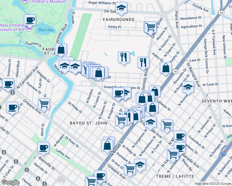 map of restaurants, bars, coffee shops, grocery stores, and more near 1511 North Dupre Street in New Orleans