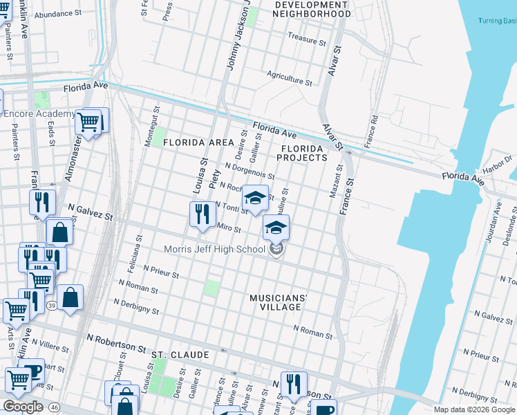 map of restaurants, bars, coffee shops, grocery stores, and more near 2308 Independence Street in New Orleans