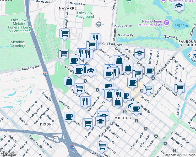 map of restaurants, bars, coffee shops, grocery stores, and more near 132 North Olympia Street in New Orleans