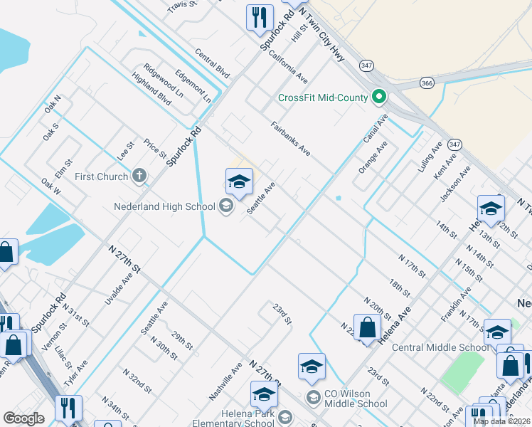 map of restaurants, bars, coffee shops, grocery stores, and more near 1908 21st Street in Nederland