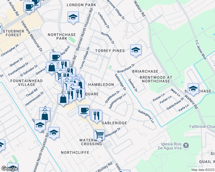map of restaurants, bars, coffee shops, grocery stores, and more near 4154 Surreydon Drive in Houston