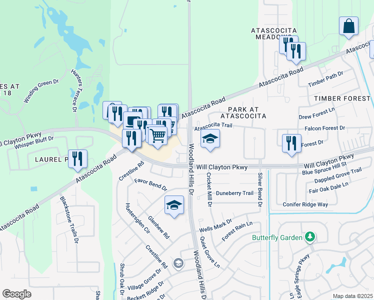 map of restaurants, bars, coffee shops, grocery stores, and more near 10 Woodland Hills Drive in Humble