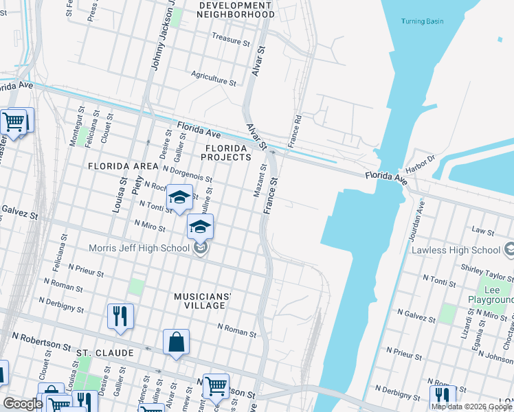 map of restaurants, bars, coffee shops, grocery stores, and more near 2407 Mazant Street in New Orleans