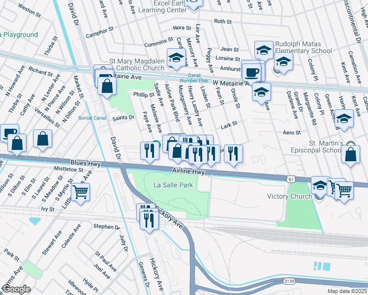 map of restaurants, bars, coffee shops, grocery stores, and more near 300 Airline Park Boulevard in Metairie
